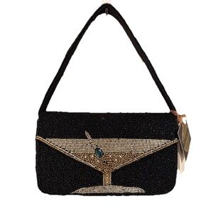 Beaded evening shoulder bag black & gold martini  glass design- made in India